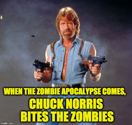 Chuck Norris Guns | WHEN THE ZOMBIE APOCALYPSE COMES, CHUCK NORRIS BITES THE ZOMBIES | image tagged in chuck norris | made w/ Imgflip meme maker