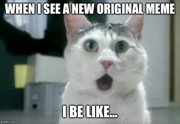 New original memes? | WHEN I SEE A NEW ORIGINAL MEME I BE LIKE... | image tagged in memes,omg cat | made w/ Imgflip meme maker