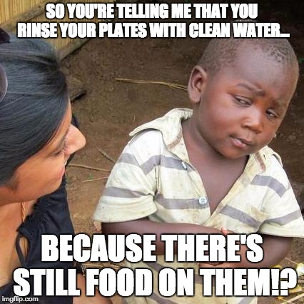 Third World Skeptical Kid Meme | SO YOU'RE TELLING ME THAT YOU RINSE YOUR PLATES WITH CLEAN WATER... BECAUSE THERE'S STILL FOOD ON THEM!? | image tagged in memes,third world skeptical kid | made w/ Imgflip meme maker