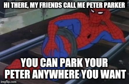 Sexy Railroad Spiderman | HI THERE, MY FRIENDS CALL ME PETER PARKER YOU CAN PARK YOUR PETER ANYWHERE YOU WANT | image tagged in memes,sexy railroad spiderman,spiderman | made w/ Imgflip meme maker