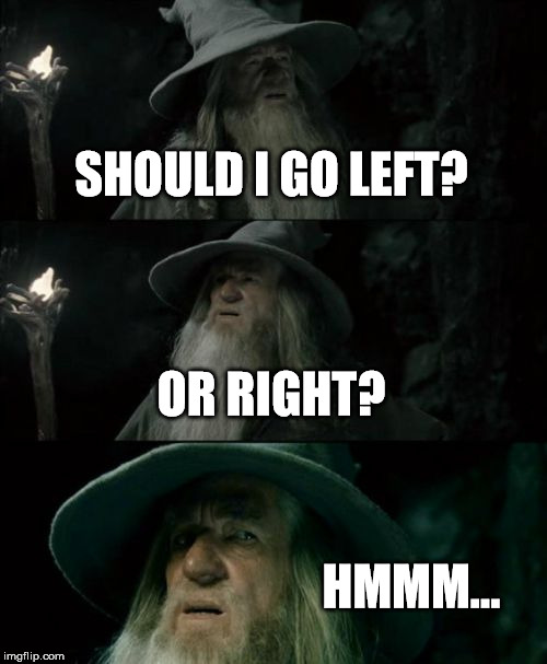 Confused Gandalf | SHOULD I GO LEFT? OR RIGHT? HMMM... | image tagged in memes,confused gandalf | made w/ Imgflip meme maker