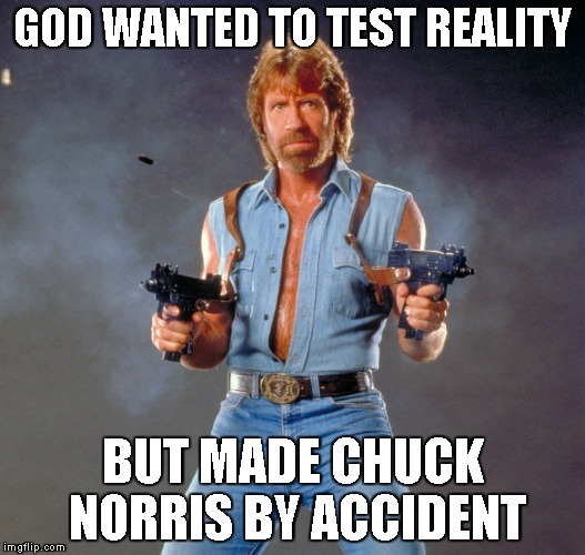 Chuck Norris Guns | GOD WANTED TO TEST REALITY BUT MADE CHUCK NORRIS BY ACCIDENT | image tagged in chuck norris | made w/ Imgflip meme maker