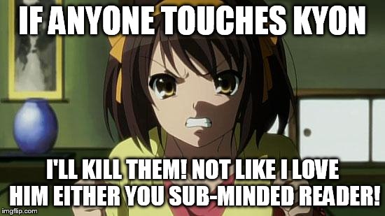 Angry Haruhi | IF ANYONE TOUCHES KYON I'LL KILL THEM! NOT LIKE I LOVE HIM EITHER YOU SUB-MINDED READER! | image tagged in angry haruhi | made w/ Imgflip meme maker