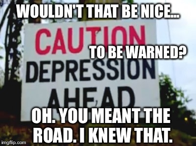 Our Minds? Or Our Roads? Or Both? | WOULDN'T THAT BE NICE... TO BE WARNED? OH. YOU MEANT THE ROAD. I KNEW THAT. | image tagged in depression,signs/billboards,warning sign | made w/ Imgflip meme maker