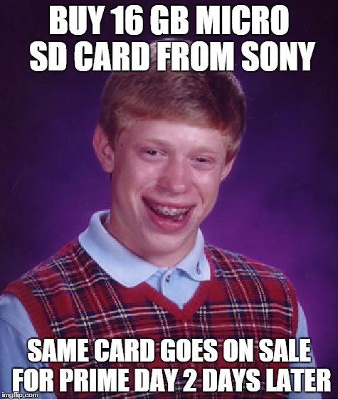 Bad Luck Brian | BUY 16 GB MICRO SD CARD FROM SONY SAME CARD GOES ON SALE FOR PRIME DAY 2 DAYS LATER | image tagged in memes,bad luck brian | made w/ Imgflip meme maker