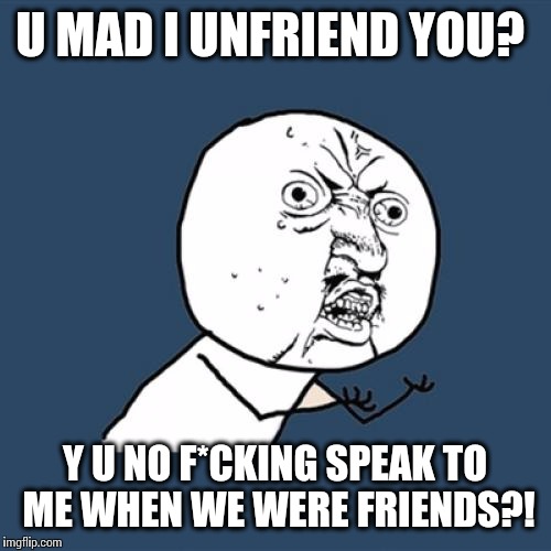 Oh now you notice me?  | U MAD I UNFRIEND YOU? Y U NO F*CKING SPEAK TO ME WHEN WE WERE FRIENDS?! | image tagged in memes,y u no | made w/ Imgflip meme maker