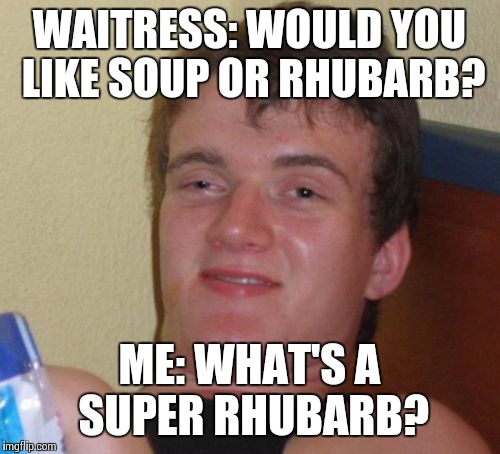In all fairness I was 16 and she was speaking fast | WAITRESS: WOULD YOU LIKE SOUP OR RHUBARB? ME: WHAT'S A SUPER RHUBARB? | image tagged in memes,10 guy | made w/ Imgflip meme maker