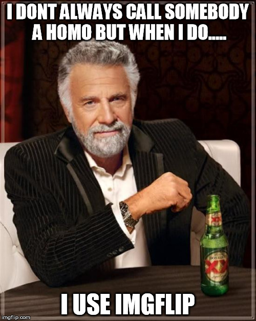 The Most Interesting Man In The World | I DONT ALWAYS CALL SOMEBODY A HOMO BUT WHEN I DO..... I USE IMGFLIP | image tagged in memes,the most interesting man in the world | made w/ Imgflip meme maker