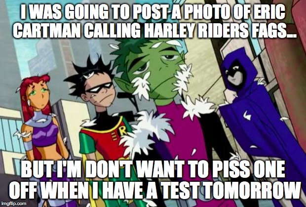 Feathers | I WAS GOING TO POST A PHOTO OF ERIC CARTMAN CALLING HARLEY RIDERS F*GS... BUT I'M DON'T WANT TO PISS ONE OFF WHEN I HAVE A TEST TOMORROW | image tagged in feathers | made w/ Imgflip meme maker