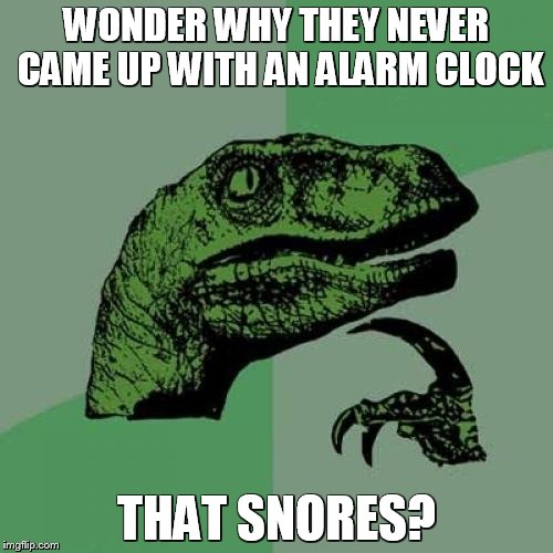 Snoring Alarm Clock | WONDER WHY THEY NEVER CAME UP WITH AN ALARM CLOCK THAT SNORES? | image tagged in memes,philosoraptor,alarm clock,wake up | made w/ Imgflip meme maker