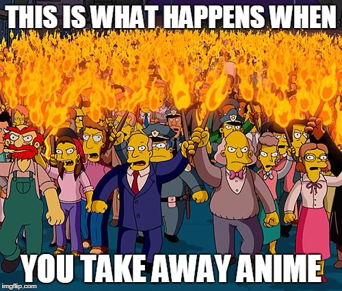 angry mob | THIS IS WHAT HAPPENS WHEN YOU TAKE AWAY ANIME | image tagged in angry mob | made w/ Imgflip meme maker