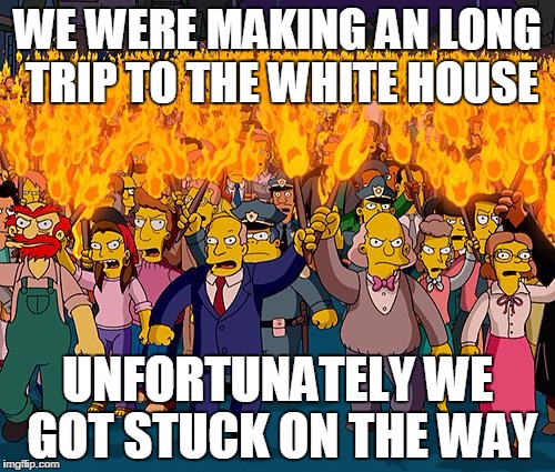 angry mob | WE WERE MAKING AN LONG TRIP TO THE WHITE HOUSE UNFORTUNATELY WE GOT STUCK ON THE WAY | image tagged in angry mob | made w/ Imgflip meme maker