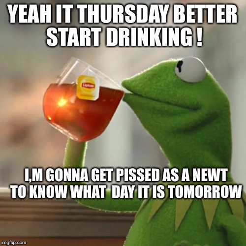 But That's None Of My Business | YEAH IT THURSDAY BETTER  START DRINKING ! I,M GONNA GET PISSED AS A NEWT TO KNOW WHAT  DAY IT IS TOMORROW | image tagged in memes,but thats none of my business,kermit the frog | made w/ Imgflip meme maker