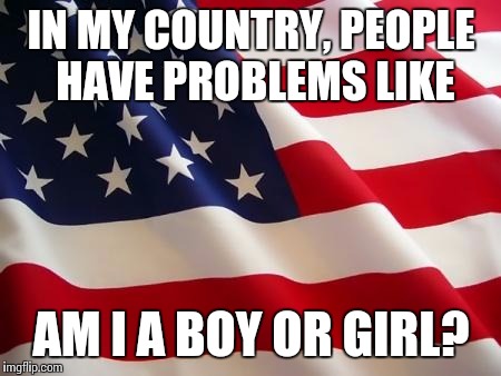 American flag | IN MY COUNTRY, PEOPLE HAVE PROBLEMS LIKE AM I A BOY OR GIRL? | image tagged in american flag | made w/ Imgflip meme maker