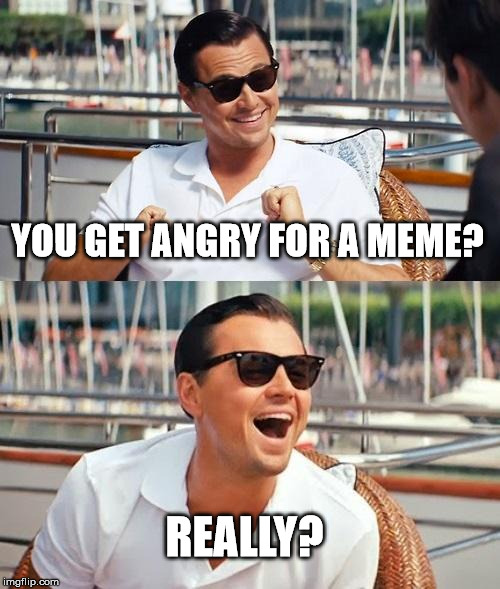 Leonardo Dicaprio Wolf Of Wall Street | YOU GET ANGRY FOR A MEME? REALLY? | image tagged in memes,leonardo dicaprio wolf of wall street | made w/ Imgflip meme maker