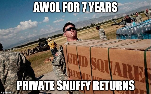 AWOL FOR 7 YEARS PRIVATE SNUFFY RETURNS | image tagged in gridsquares | made w/ Imgflip meme maker