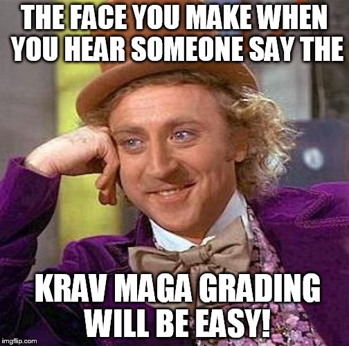 Creepy Condescending Wonka Meme | THE FACE YOU MAKE WHEN YOU HEAR SOMEONE SAY THE KRAV MAGA GRADING WILL BE EASY! | image tagged in memes,creepy condescending wonka | made w/ Imgflip meme maker