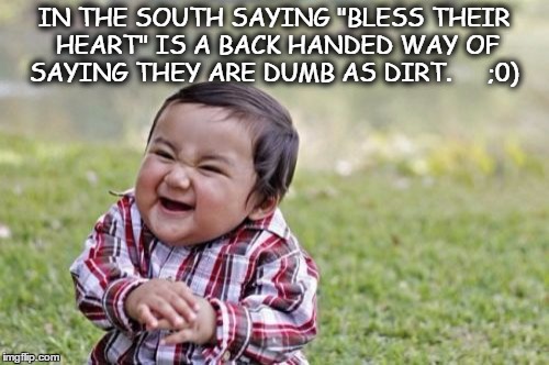 Evil Toddler Meme | IN THE SOUTH SAYING "BLESS THEIR HEART" IS A BACK HANDED WAY OF SAYING THEY ARE DUMB AS DIRT.     ;0) | image tagged in memes,evil toddler | made w/ Imgflip meme maker