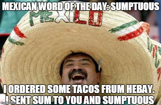 Happy Mexican | MEXICAN WORD OF THE DAY: SUMPTUOUS I ORDERED SOME TACOS FRUM HEBAY. I SENT SUM TO YOU AND SUMPTUOUS | image tagged in happy mexican | made w/ Imgflip meme maker