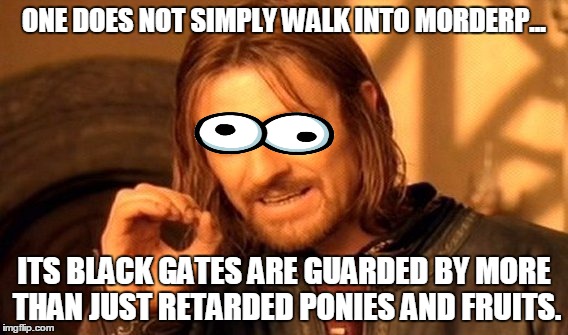 One Does Not Simply | ONE DOES NOT SIMPLY WALK INTO MORDERP... ITS BLACK GATES ARE GUARDED BY MORE THAN JUST RETARDED PONIES AND FRUITS. | image tagged in memes,one does not simply | made w/ Imgflip meme maker
