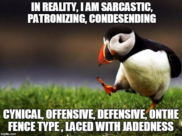Unpopular Opinion Puffin Meme | IN REALITY, I AM SARCASTIC, PATRONIZING, CONDESENDING CYNICAL, OFFENSIVE, DEFENSIVE, ONTHE FENCE TYPE , LACED WITH JADEDNESS | image tagged in memes,unpopular opinion puffin | made w/ Imgflip meme maker