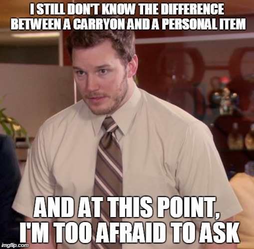 Afraid To Ask Andy | I STILL DON'T KNOW THE DIFFERENCE BETWEEN A CARRYON AND A PERSONAL ITEM AND AT THIS POINT, I'M TOO AFRAID TO ASK | image tagged in memes,afraid to ask andy | made w/ Imgflip meme maker