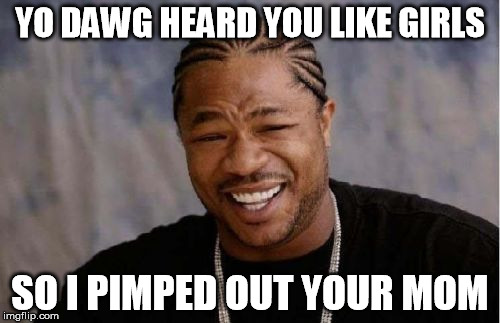 Yo Dawg Heard You | YO DAWG HEARD YOU LIKE GIRLS SO I PIMPED OUT YOUR MOM | image tagged in memes,yo dawg heard you | made w/ Imgflip meme maker