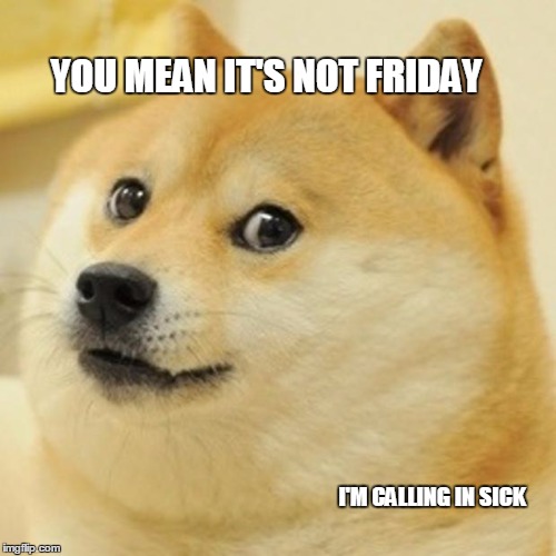 Doge Meme | YOU MEAN IT'S NOT FRIDAY I'M CALLING IN SICK | image tagged in memes,doge | made w/ Imgflip meme maker