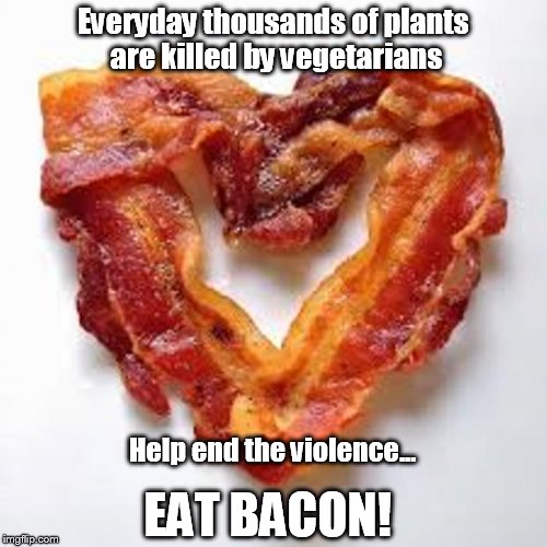 Stop the killing! | Everyday thousands of plants are killed by vegetarians EAT BACON! Help end the violence... | image tagged in bacon,vegetarian,food | made w/ Imgflip meme maker