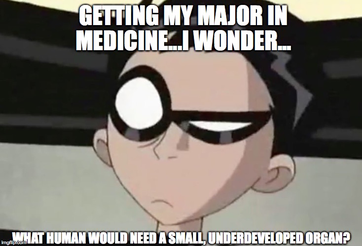 Skeptical Robin | GETTING MY MAJOR IN MEDICINE...I WONDER... WHAT HUMAN WOULD NEED A SMALL, UNDERDEVELOPED ORGAN? | image tagged in skeptical robin | made w/ Imgflip meme maker