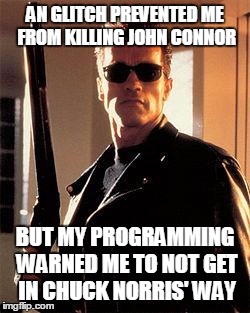 Terminator | AN GLITCH PREVENTED ME FROM KILLING JOHN CONNOR BUT MY PROGRAMMING WARNED ME TO NOT GET IN CHUCK NORRIS' WAY | image tagged in terminator | made w/ Imgflip meme maker