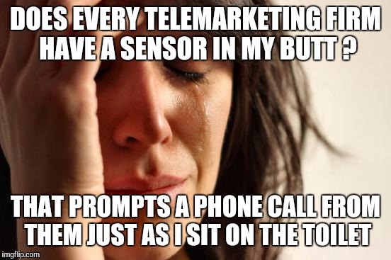 First World Problems Meme | DOES EVERY TELEMARKETING FIRM HAVE A SENSOR IN MY BUTT ? THAT PROMPTS A PHONE CALL FROM THEM JUST AS I SIT ON THE TOILET | image tagged in memes,first world problems | made w/ Imgflip meme maker