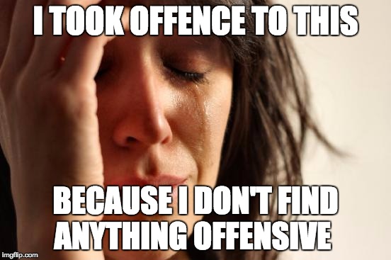 First World Problems Meme | I TOOK OFFENCE TO THIS BECAUSE I DON'T FIND ANYTHING OFFENSIVE | image tagged in memes,first world problems | made w/ Imgflip meme maker