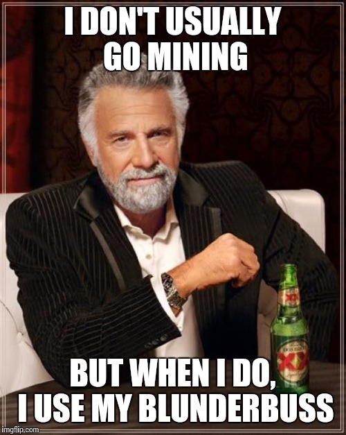 The Most Interesting Man In The World Meme | I DON'T USUALLY GO MINING BUT WHEN I DO, I USE MY BLUNDERBUSS | image tagged in memes,the most interesting man in the world | made w/ Imgflip meme maker