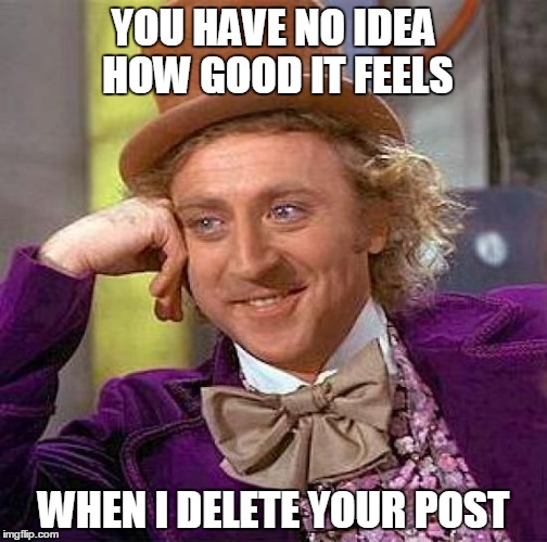 Creepy Condescending Wonka | YOU HAVE NO IDEA HOW GOOD IT FEELS WHEN I DELETE YOUR POST | image tagged in memes,creepy condescending wonka | made w/ Imgflip meme maker