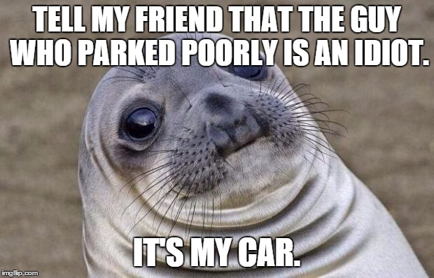 Awkward Moment Sealion Meme | TELL MY FRIEND THAT THE GUY WHO PARKED POORLY IS AN IDIOT. IT'S MY CAR. | image tagged in memes,awkward moment sealion,AdviceAnimals | made w/ Imgflip meme maker