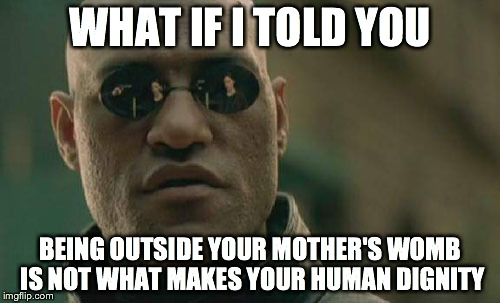 Matrix Morpheus Meme | WHAT IF I TOLD YOU BEING OUTSIDE YOUR MOTHER'S WOMB IS NOT WHAT MAKES YOUR HUMAN DIGNITY | image tagged in memes,matrix morpheus | made w/ Imgflip meme maker