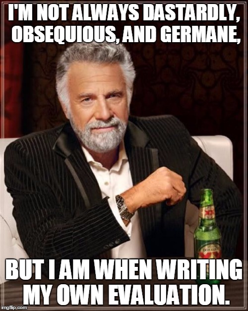 The Most Interesting Man In The World | I'M NOT ALWAYS DASTARDLY, OBSEQUIOUS, AND GERMANE, BUT I AM WHEN WRITING MY OWN EVALUATION. | image tagged in memes,the most interesting man in the world | made w/ Imgflip meme maker