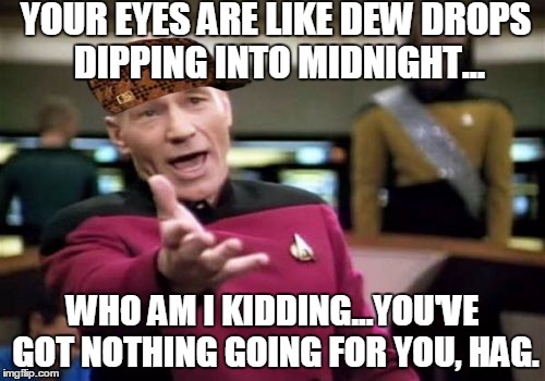 Picard Wtf | YOUR EYES ARE LIKE DEW DROPS DIPPING INTO MIDNIGHT... WHO AM I KIDDING...YOU'VE GOT NOTHING GOING FOR YOU, HAG. | image tagged in memes,picard wtf,scumbag | made w/ Imgflip meme maker