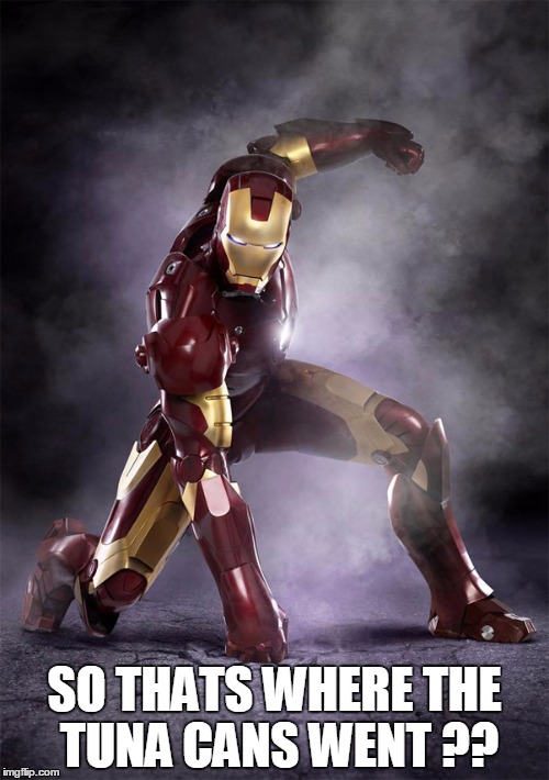 IRON MAN WARRIOR STRONG SELFLESS FEARLESS FIGHTER | SO THATS WHERE THE TUNA CANS WENT ?? | image tagged in iron man warrior strong selfless fearless fighter | made w/ Imgflip meme maker