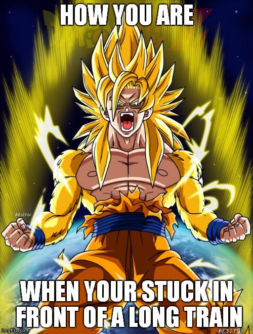 Goku | HOW YOU ARE WHEN YOUR STUCK IN FRONT OF A LONG TRAIN | image tagged in goku | made w/ Imgflip meme maker