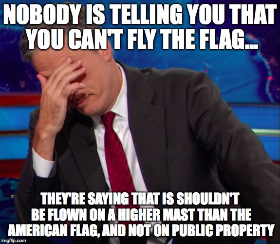 Jon Stewart Face-palm | NOBODY IS TELLING YOU THAT YOU CAN'T FLY THE FLAG... THEY'RE SAYING THAT IS SHOULDN'T BE FLOWN ON A HIGHER MAST THAN THE AMERICAN FLAG, AND  | image tagged in jon stewart face-palm | made w/ Imgflip meme maker