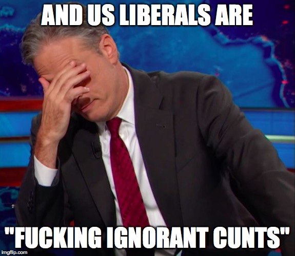 Jon Stewart Face-palm | AND US LIBERALS ARE "F**KING IGNORANT C**TS" | image tagged in jon stewart face-palm | made w/ Imgflip meme maker