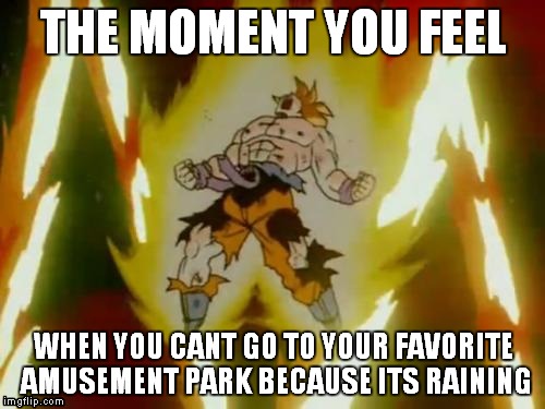 Goku SSJ | THE MOMENT YOU FEEL WHEN YOU CANT GO TO YOUR FAVORITE AMUSEMENT PARK BECAUSE ITS RAINING | image tagged in goku ssj | made w/ Imgflip meme maker