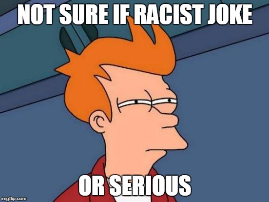 Futurama Fry Meme | NOT SURE IF RACIST JOKE OR SERIOUS | image tagged in memes,futurama fry | made w/ Imgflip meme maker