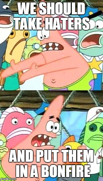 Put It Somewhere Else Patrick | WE SHOULD TAKE HATERS AND PUT THEM IN A BONFIRE | image tagged in memes,put it somewhere else patrick | made w/ Imgflip meme maker