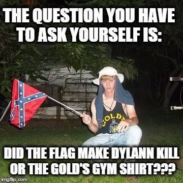 NOT trying to be disrespectful but GET REAL! | THE QUESTION YOU HAVE TO ASK YOURSELF IS: DID THE FLAG MAKE DYLANN KILL OR THE GOLD'S GYM SHIRT??? | image tagged in political | made w/ Imgflip meme maker