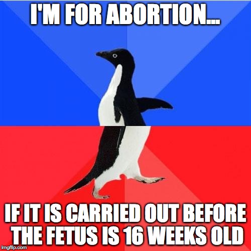 Socially Awkward Awesome Penguin | I'M FOR ABORTION... IF IT IS CARRIED OUT BEFORE THE FETUS IS 16 WEEKS OLD | image tagged in memes,socially awkward awesome penguin | made w/ Imgflip meme maker