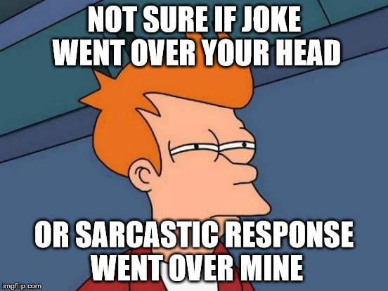Futurama Fry Meme | NOT SURE IF JOKE WENT OVER YOUR HEAD OR SARCASTIC RESPONSE WENT OVER MINE | image tagged in memes,futurama fry | made w/ Imgflip meme maker