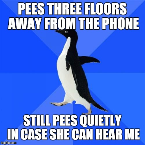 Socially Awkward Penguin Meme | PEES THREE FLOORS AWAY FROM THE PHONE STILL PEES QUIETLY IN CASE SHE CAN HEAR ME | image tagged in memes,socially awkward penguin | made w/ Imgflip meme maker